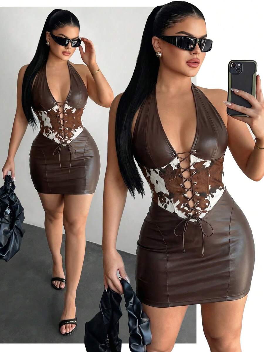 Brown faux leather halter mini dress with cow print corset lace-up front