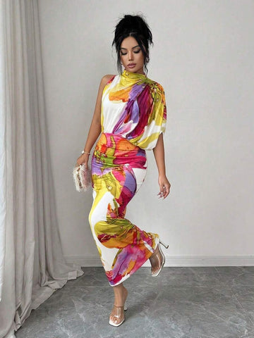 Front view of floral fitted maxi dress with asymmetric draped bodice