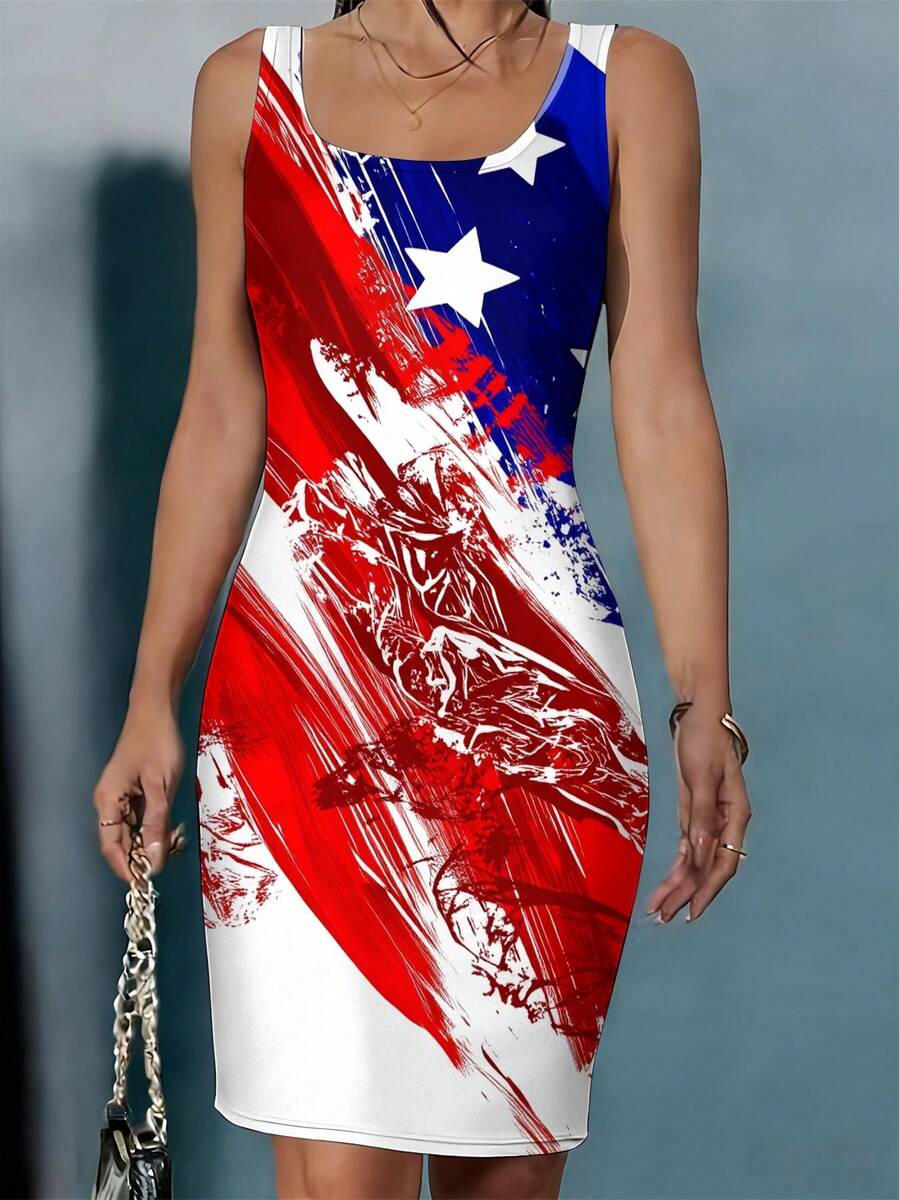 Front view of sleeveless patriotic bodycon midi dress showing visible print and fitted dress styling