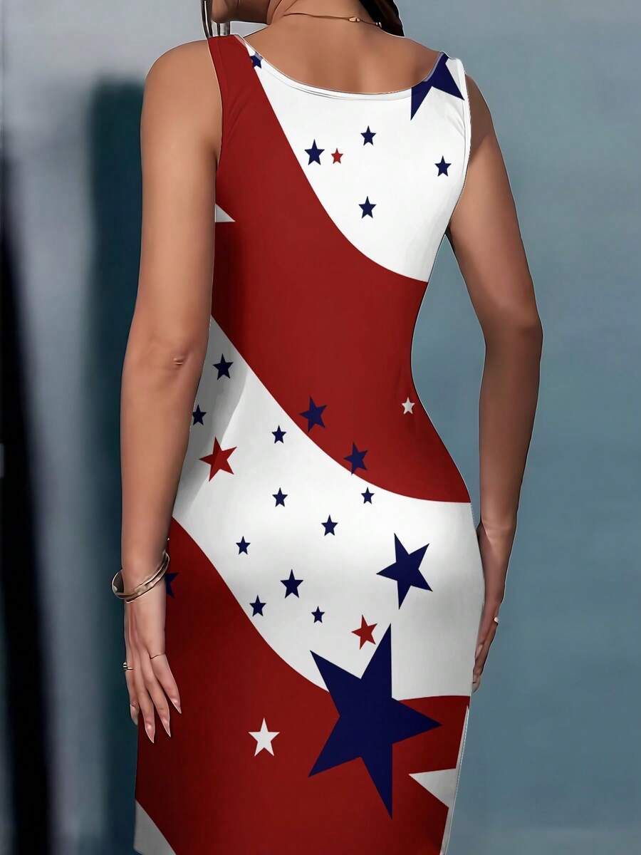 Front view of sleeveless star print bodycon midi dress showing visible print and fitted dress styling