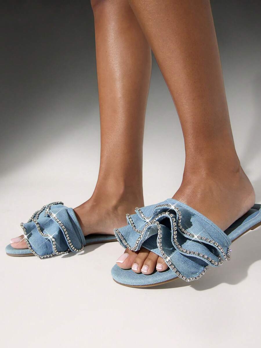 Image 1 - front view of Women's Ruffled Chiffon Flat Sandals - Perfect for Summer, Christmas & Valentine's Day