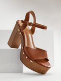 Platform block heel sandals with open toe and gold buckle image 1