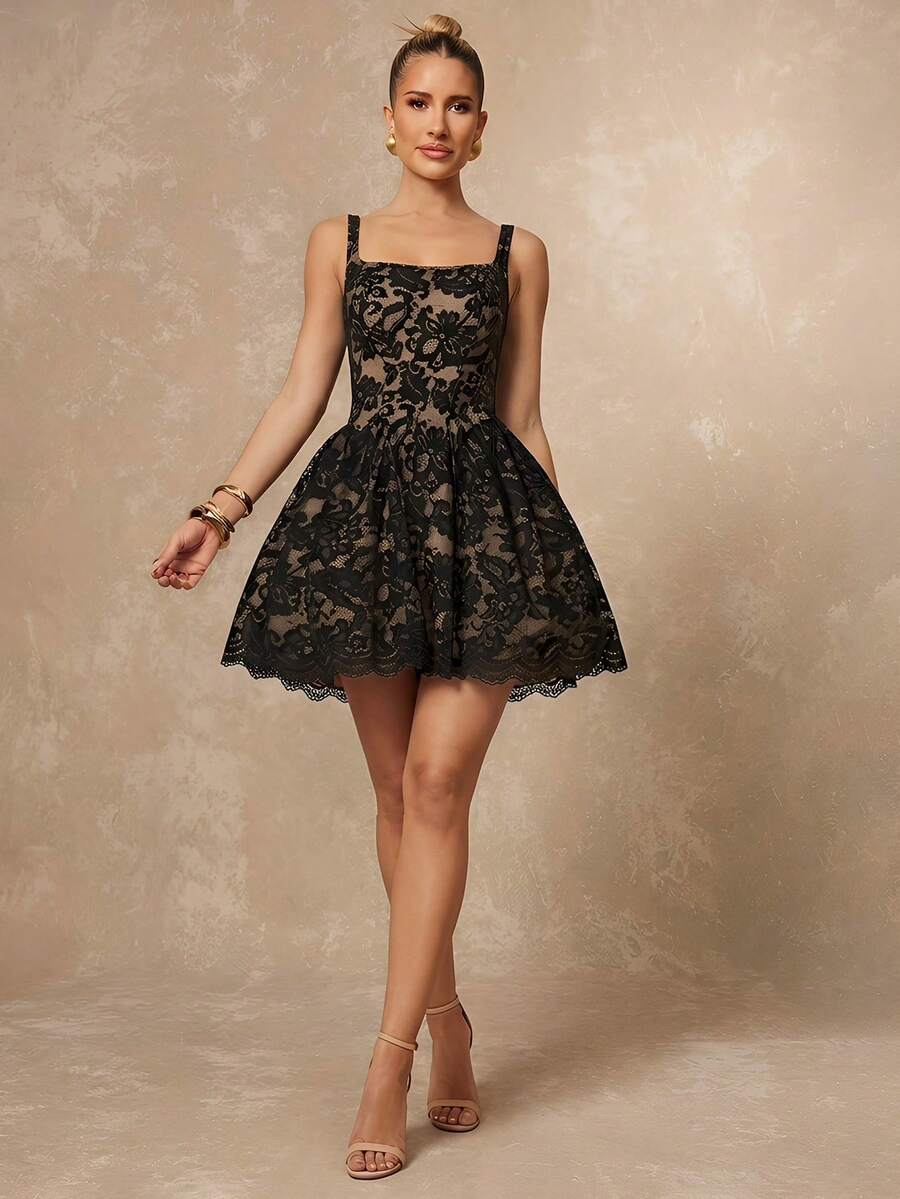 Black floral lace fit-and-flare mini dress