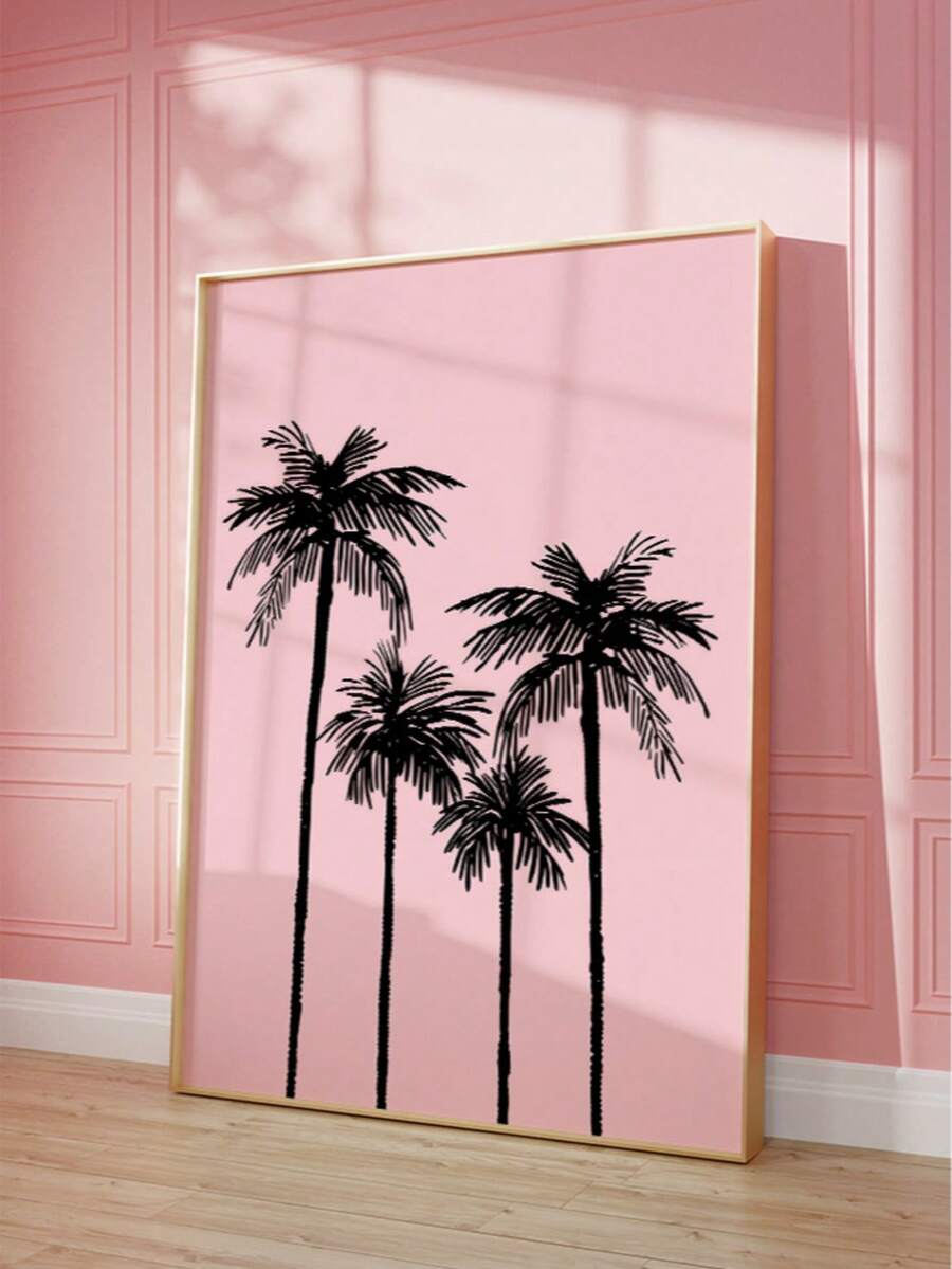 Pink palm tree canvas poster with black tropical silhouettes and gold sun in a modern living room