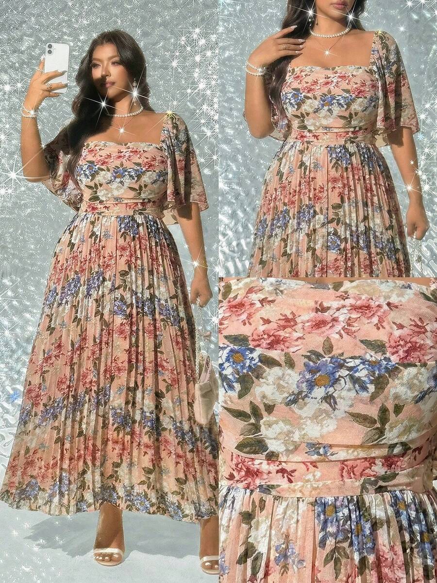 Image 17 - final view of Elegant Plus Size Floral Print Pleated Dress for Women - Romantic and Stylish Fashion Statement