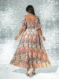Image 18 - angle view of Elegant Plus Size Floral Print Pleated Dress for Women - Romantic and Stylish Fashion Statement