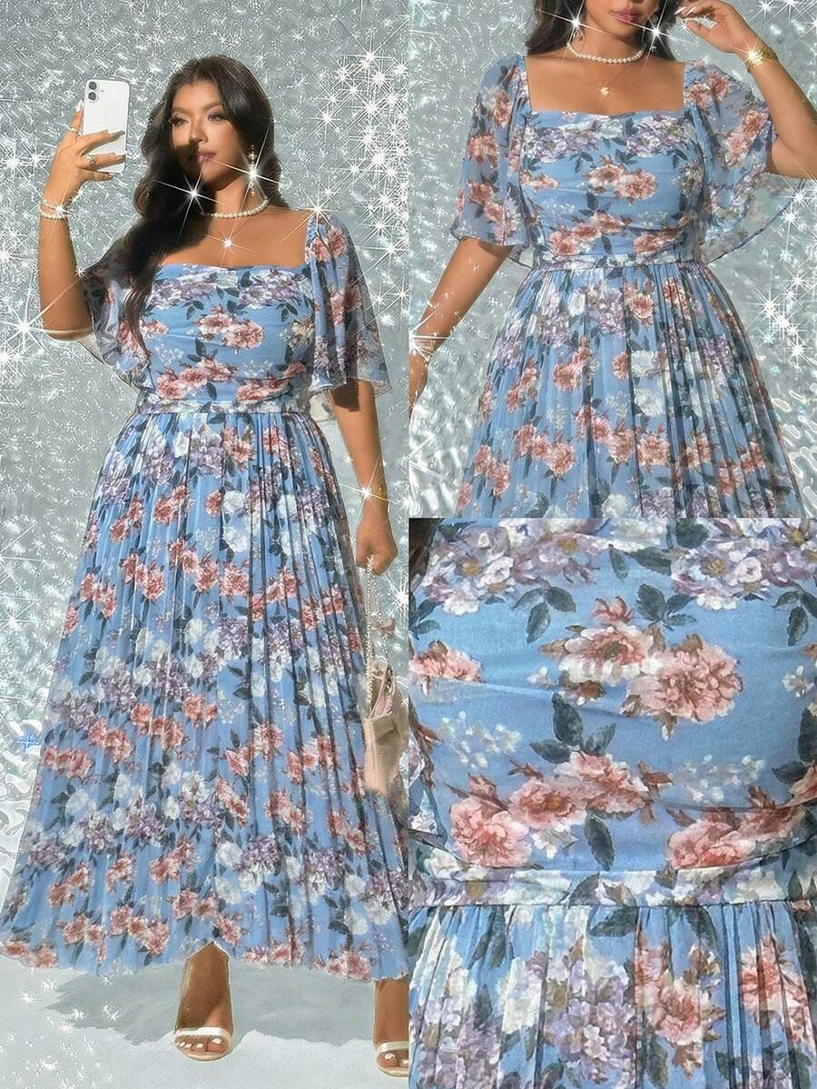 Image 9 - waist detail of Elegant Plus Size Floral Print Pleated Dress for Women - Romantic and Stylish Fashion Statement
