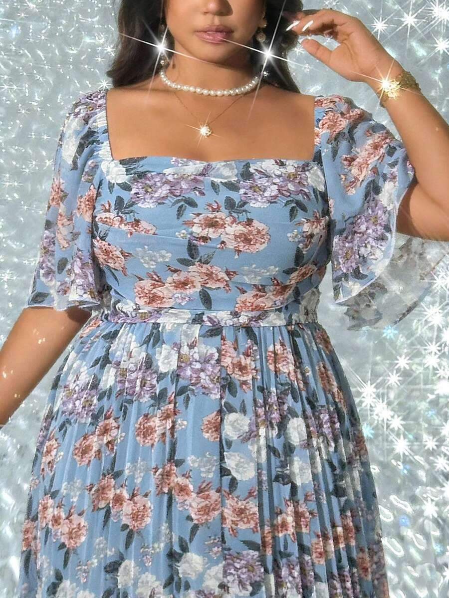 Image 12 - model view of Elegant Plus Size Floral Print Pleated Dress for Women - Romantic and Stylish Fashion Statement