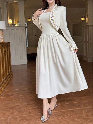 Embroidered dress set with ivory cropped jacket and A-line dress