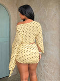 plus size two-piece beach club set with off-shoulder batwing crop top, sheer lightweight mesh or knit fabric, ruched side-tie mini skirt, exposed waist and print or solid color variants image 9