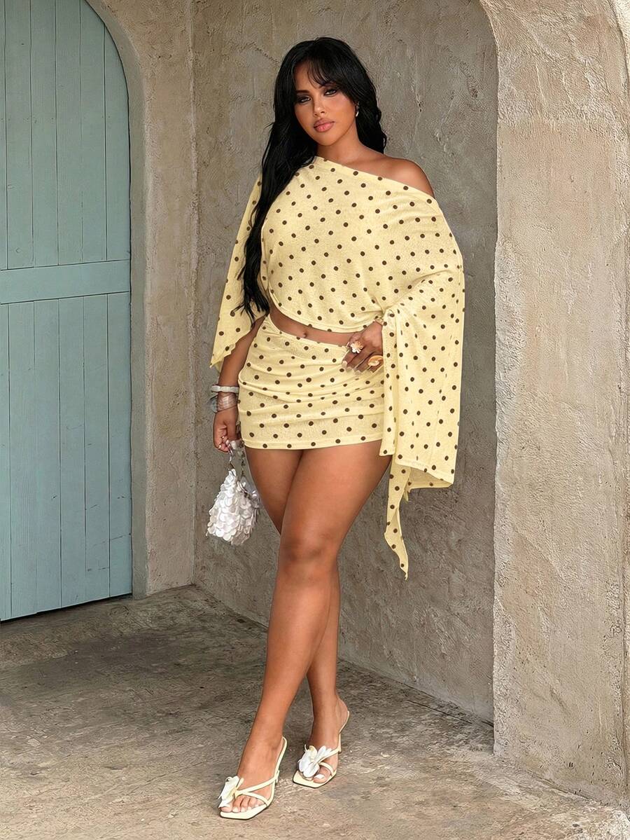 plus size two-piece beach club set with off-shoulder batwing crop top, sheer lightweight mesh or knit fabric, ruched side-tie mini skirt, exposed waist and print or solid color variants image 10