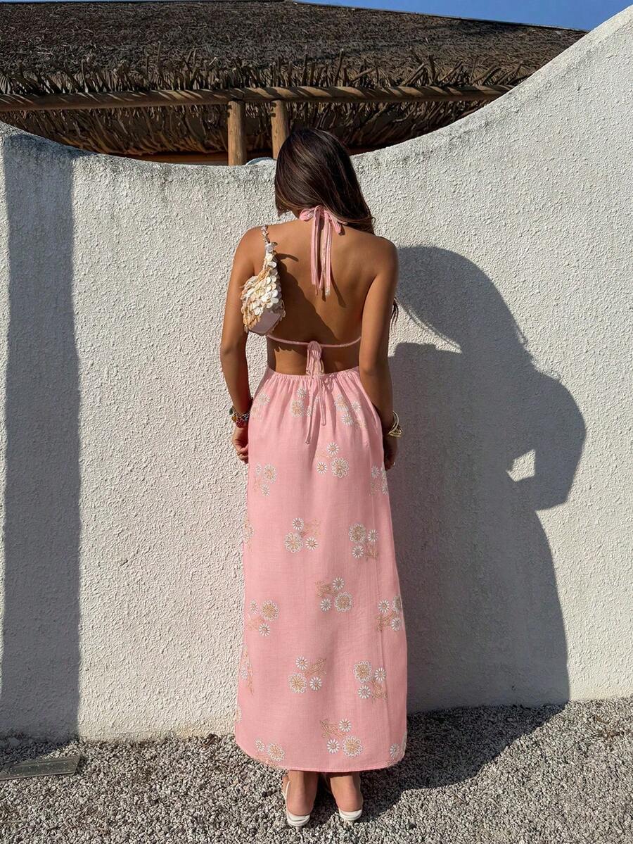 Pale yellow floral backless dress for vacations