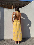 Navy blue floral dress with sleeveless design