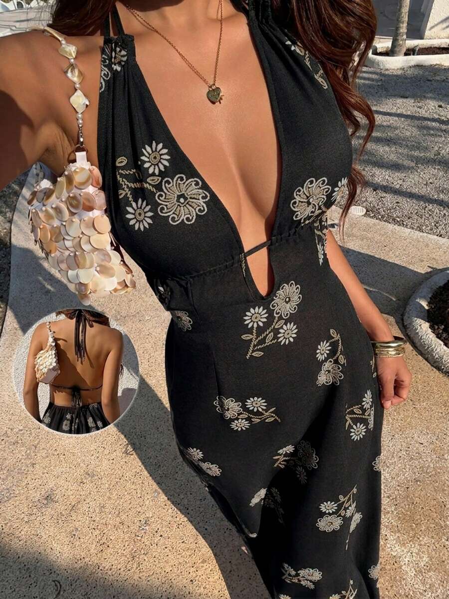 Navy blue printed summer dress with flowing silhouette