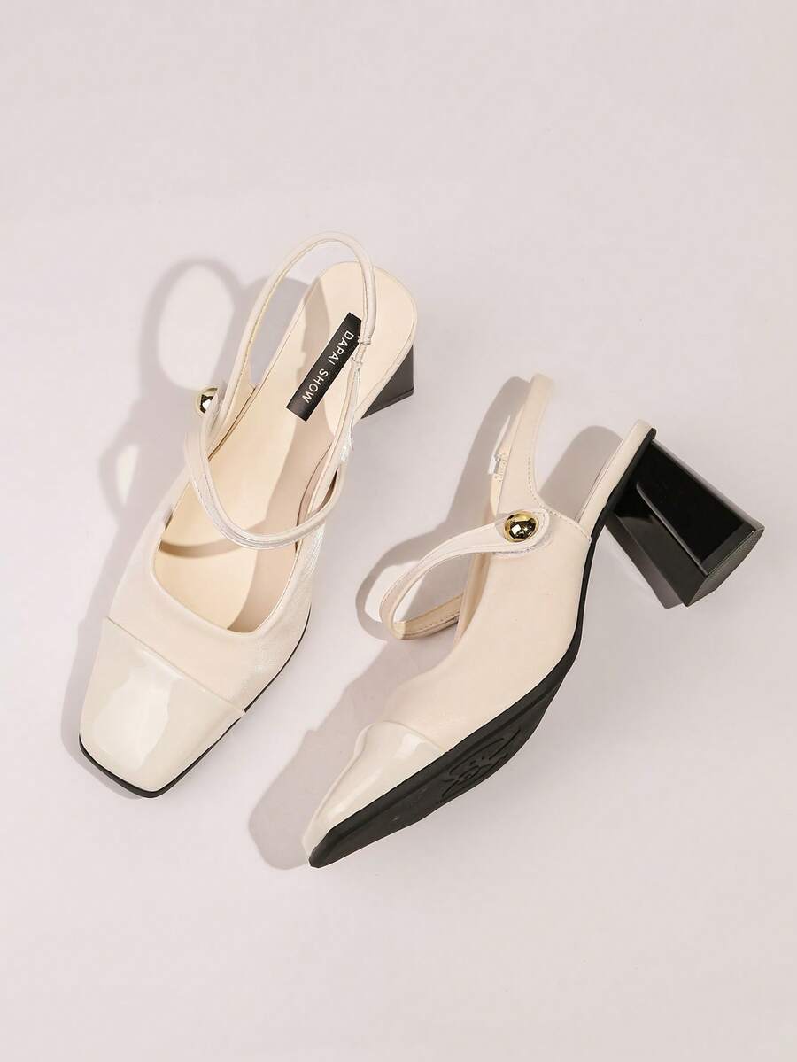 vintage peep toe block heel pumps image 13 showing visible heel, toe, strap, color, and material details