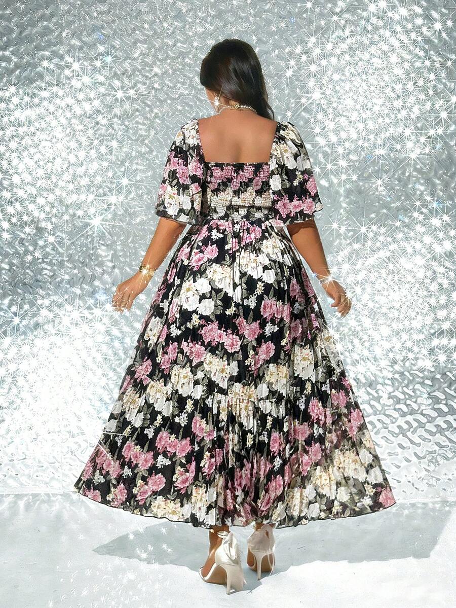 Image 6 - full length view of Elegant Plus Size Floral Print Pleated Dress for Women - Romantic and Stylish Fashion Statement
