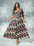 Image 7 - color option of Elegant Plus Size Floral Print Pleated Dress for Women - Romantic and Stylish Fashion Statement