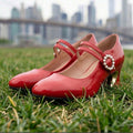 pearl buckle block heel pumps image 7 showing visible shoe design, texture, strap, heel or flat sole details