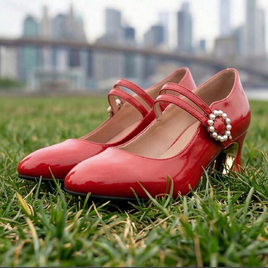pearl buckle block heel pumps image 7 showing visible shoe design, texture, strap, heel or flat sole details