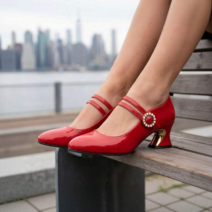pearl buckle block heel pumps image 9 showing visible shoe design, texture, strap, heel or flat sole details