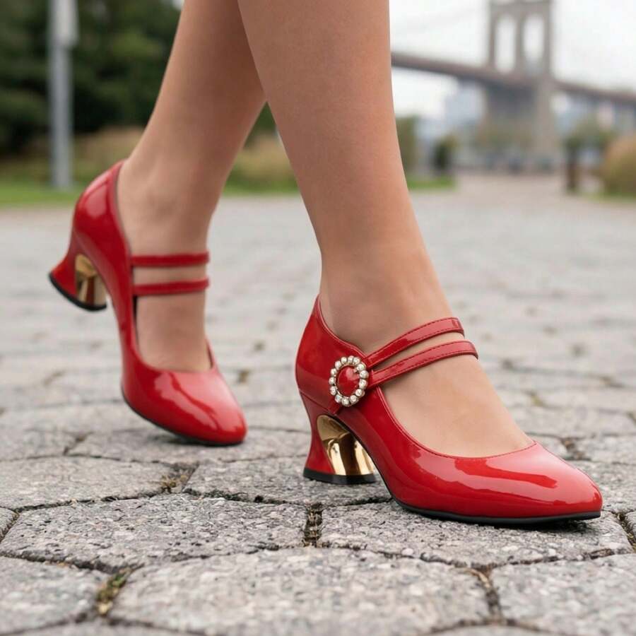 pearl buckle block heel pumps image 8 showing visible shoe design, texture, strap, heel or flat sole details