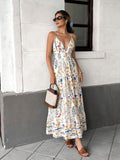 White multicolor floral V-neck tiered maxi dress, front view