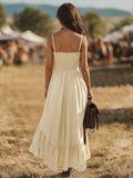 Light blue boho dress front view with spaghetti straps and ruffle hem