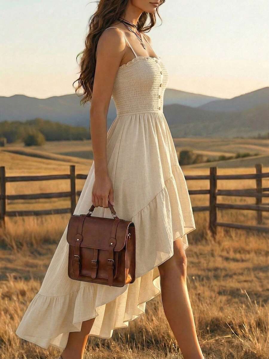 Back view of light blue high low dress with adjustable straps and smocked back