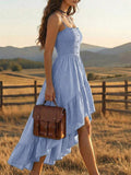 Light blue high low boho dress front view with smocked bodice and ruffle hem
