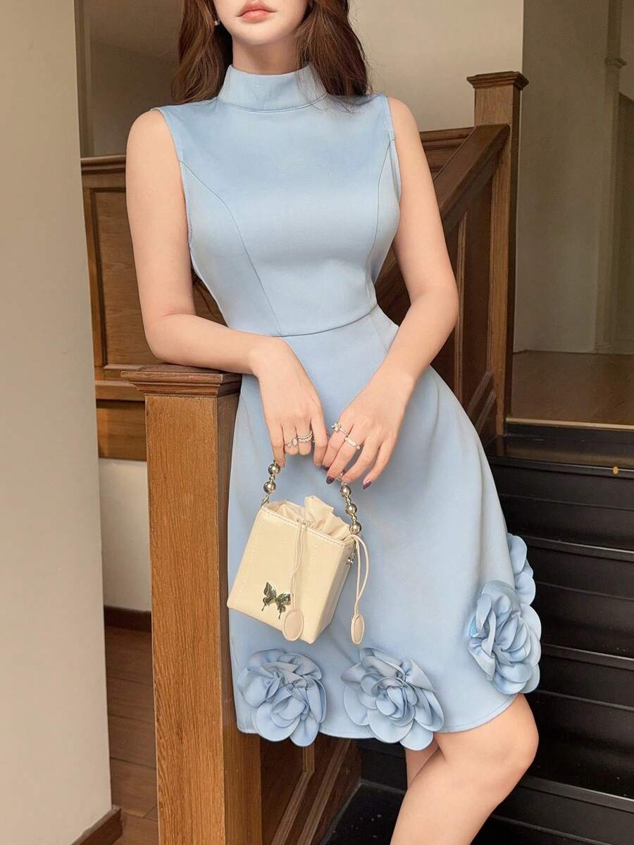 Elegant French Luxury 3D Floral Slim Fit Sleeveless Cocktail Dress for Dignified Ladies - elegant women dress visible in all media, product image 1