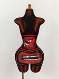 Black red lip graphic mesh bodycon mini dress angled front view