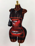 Black bodycon mini dress with red lip graphic front view