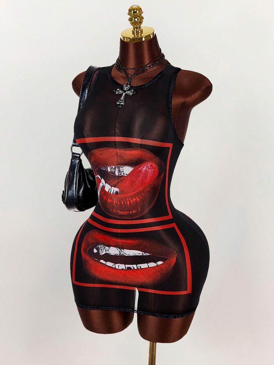 Black bodycon mini dress with red lip graphic front view