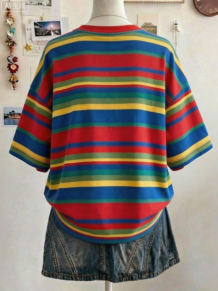 Side view of Chic Minimalist Striped Cotton T-Shirt for Women - Perfect Gift for Friends for women styling