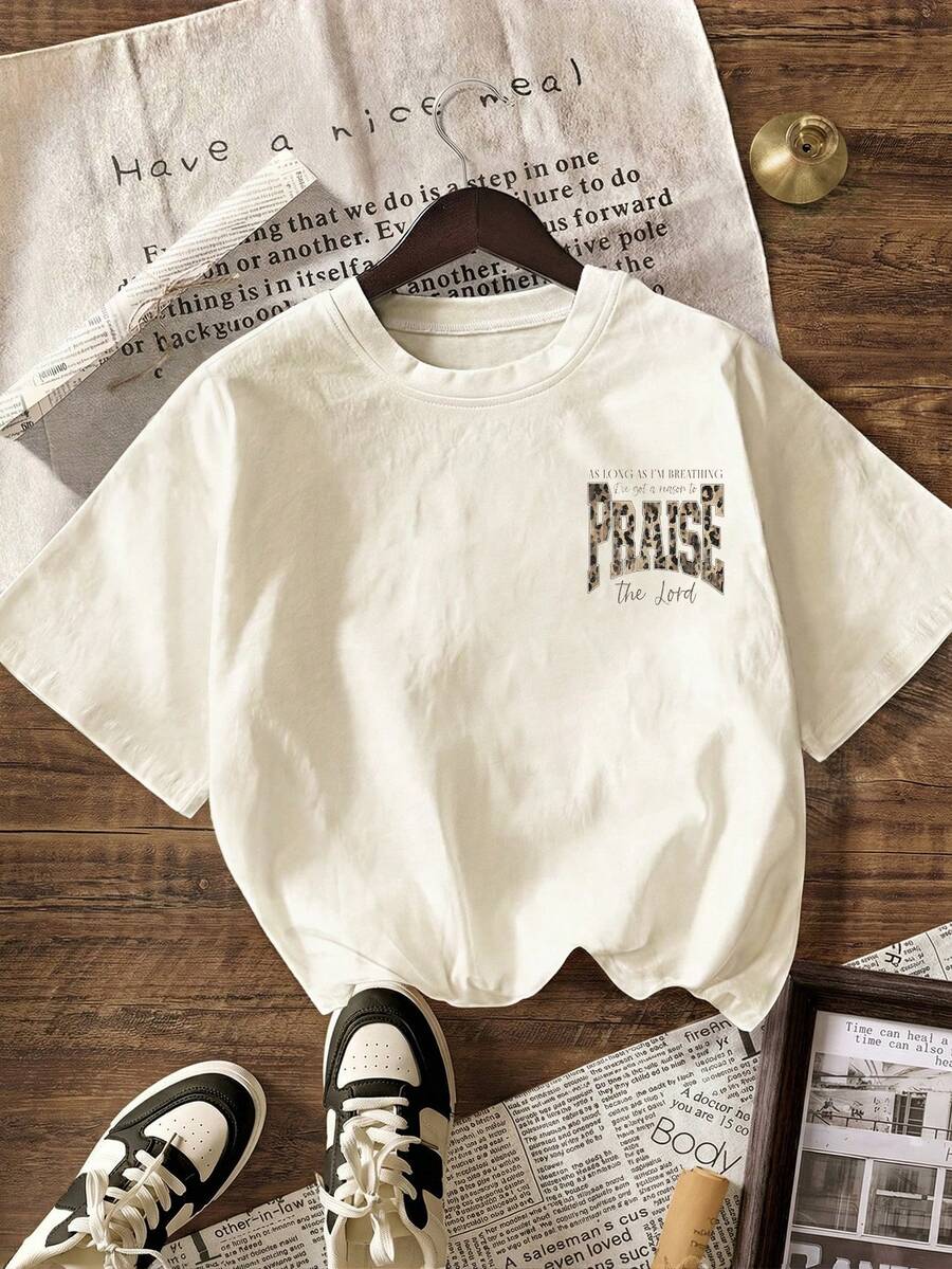 Light apricot faith graphic tee back print with leopard PRAISE letters