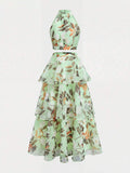 Close view of high waist and layered maxi skirt construction