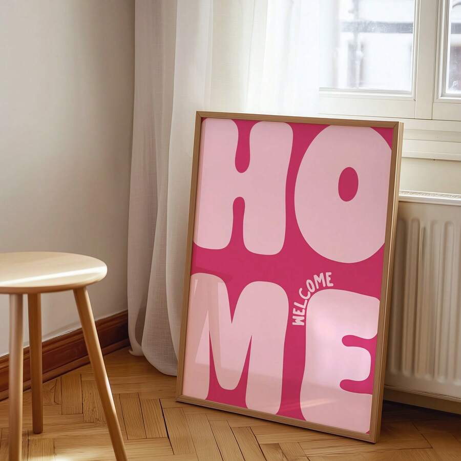 Pink Welcome Home canvas print beside a window, sheer curtain, radiator, and stool