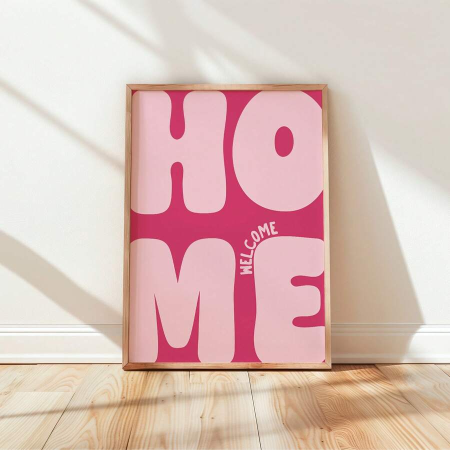 Frontal view of pink Welcome Home bubble typography wall art in a brown wood frame