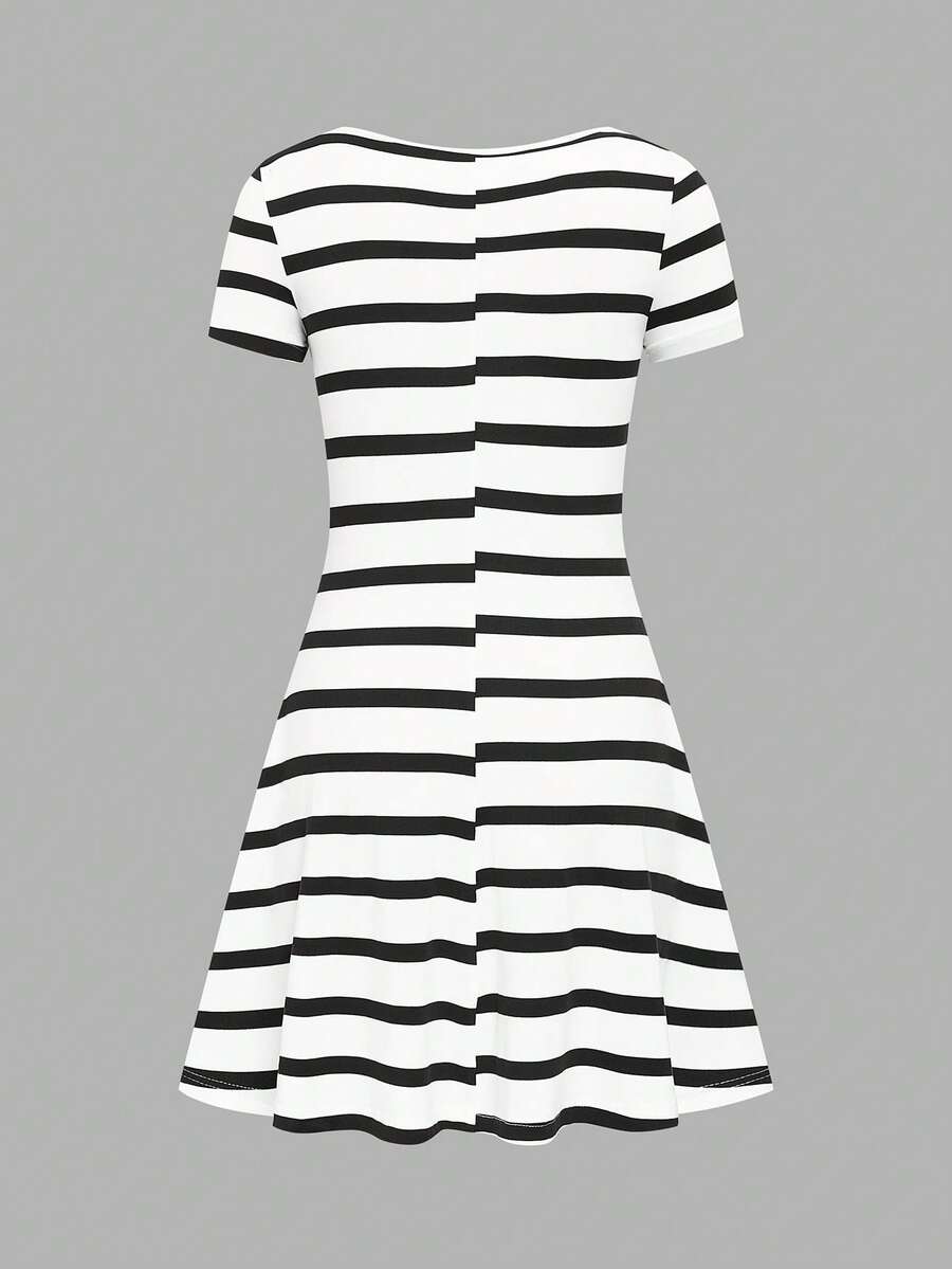 Front view of knitted jacquard mini dress for casual summer days