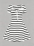 Side view of tie-front knit dress for daily styling