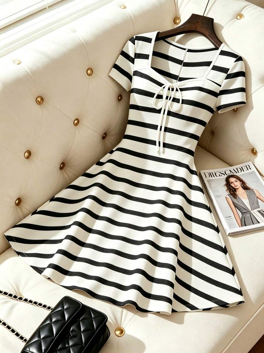 Close-up of sweetheart neckline on casual mini dress