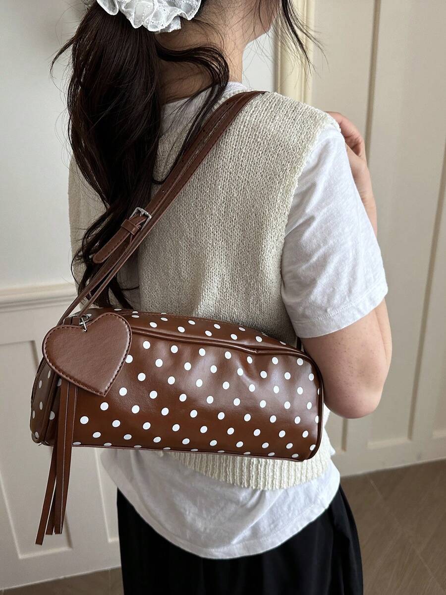 Image 3 - back view of Retro Polka Dot Handbag – Chic Versatile Shoulder Bag with Tassel for Summer 2026