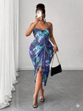 Image 1 - front view of Plus Size Women’s Tie Dye Pleated Casual Halter Neck Dress for Trendy Party Outings