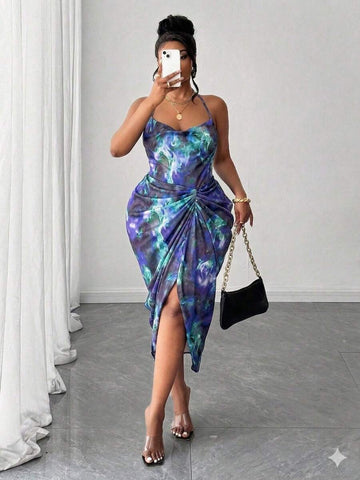 Image 1 - front view of Plus Size Women’s Tie Dye Pleated Casual Halter Neck Dress for Trendy Party Outings
