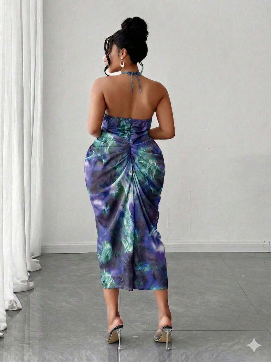 Image 2 - side view of Plus Size Women’s Tie Dye Pleated Casual Halter Neck Dress for Trendy Party Outings