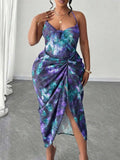 Image 3 - back view of Plus Size Women’s Tie Dye Pleated Casual Halter Neck Dress for Trendy Party Outings