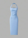 Back view light blue halter midi dress