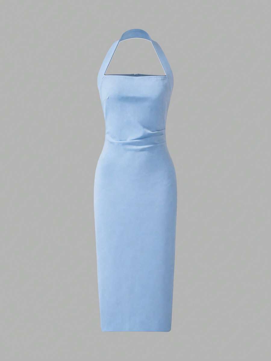 Back view light blue halter midi dress