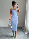 Light blue halter bodycon midi dress front view