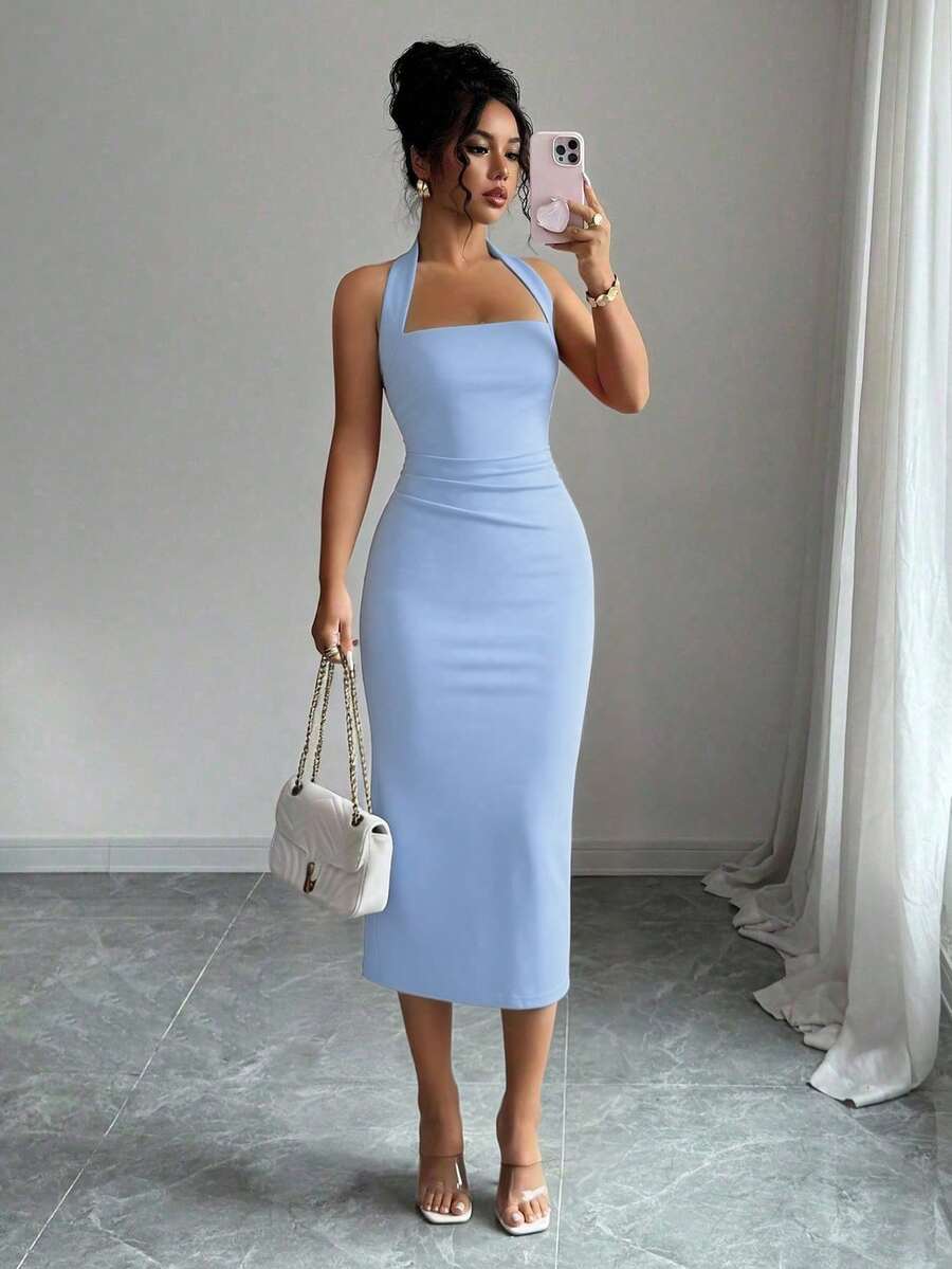 Light blue halter bodycon midi dress front view